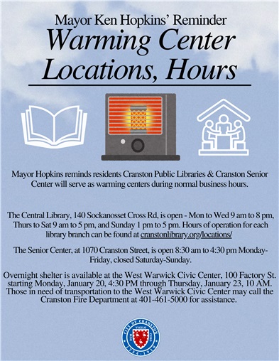 Mayor Hopkins Reminder: Cranston Warming Centers, Hours